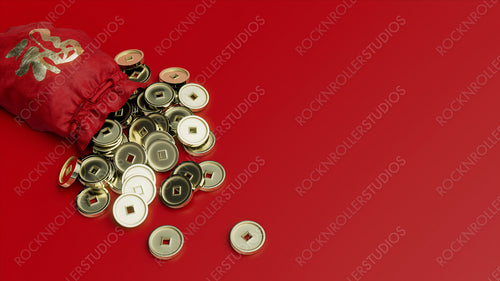 Red Purse with Traditional Gold Coins. Chinese New Year, Wealth concept with Copy Space.