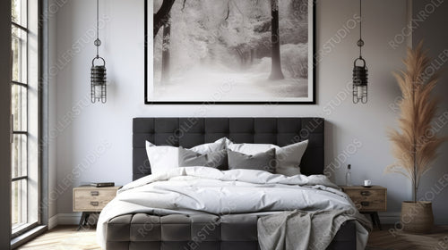 Stylish Interior Design Background. Modern Bedroom. Generative AI.