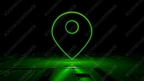 Green neon light map pin icon. Vibrant colored Location technology symbol, on a black background with high tech floor. 3D Render