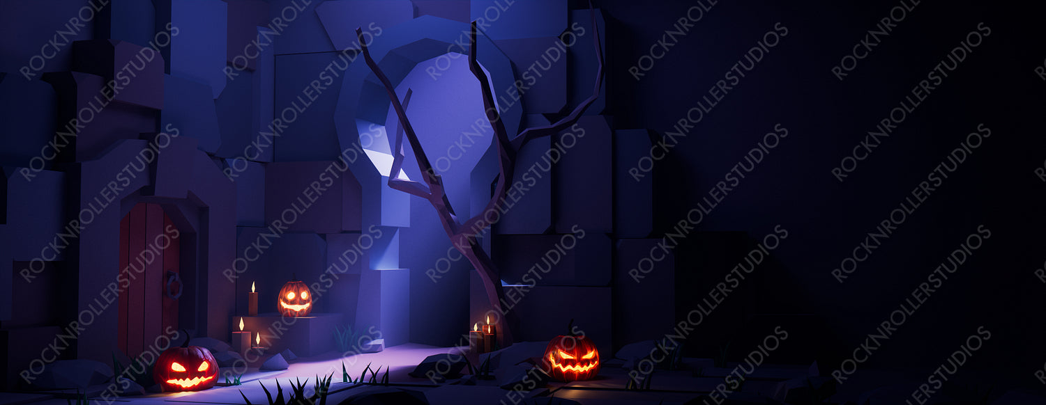 Low Polygon Halloween Courtyard Scene with Pumpkin Lanterns, Tree and Candles. Halloween background with copy-space.