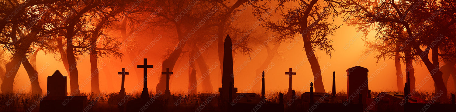 Orange Halloween Background with Graveyard in a Thick Mist. Spooky Night Scene with Trees and Tombstones.