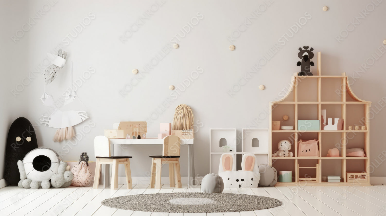 Stylish Playroom. Modern Interior Design Background. Generative AI.