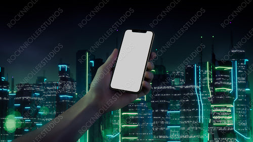 Cyberpunk Phone Template, with Green and Blue neon Metropolis Background.