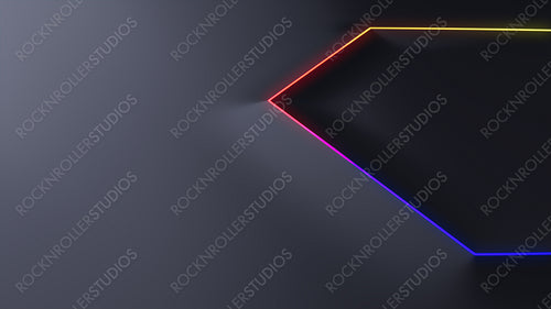 Minimalist Tech Background with Raised Hexagon and Rainbow Illuminated Edge. Black Surface with Embossed 3D Shape. 3D Render.