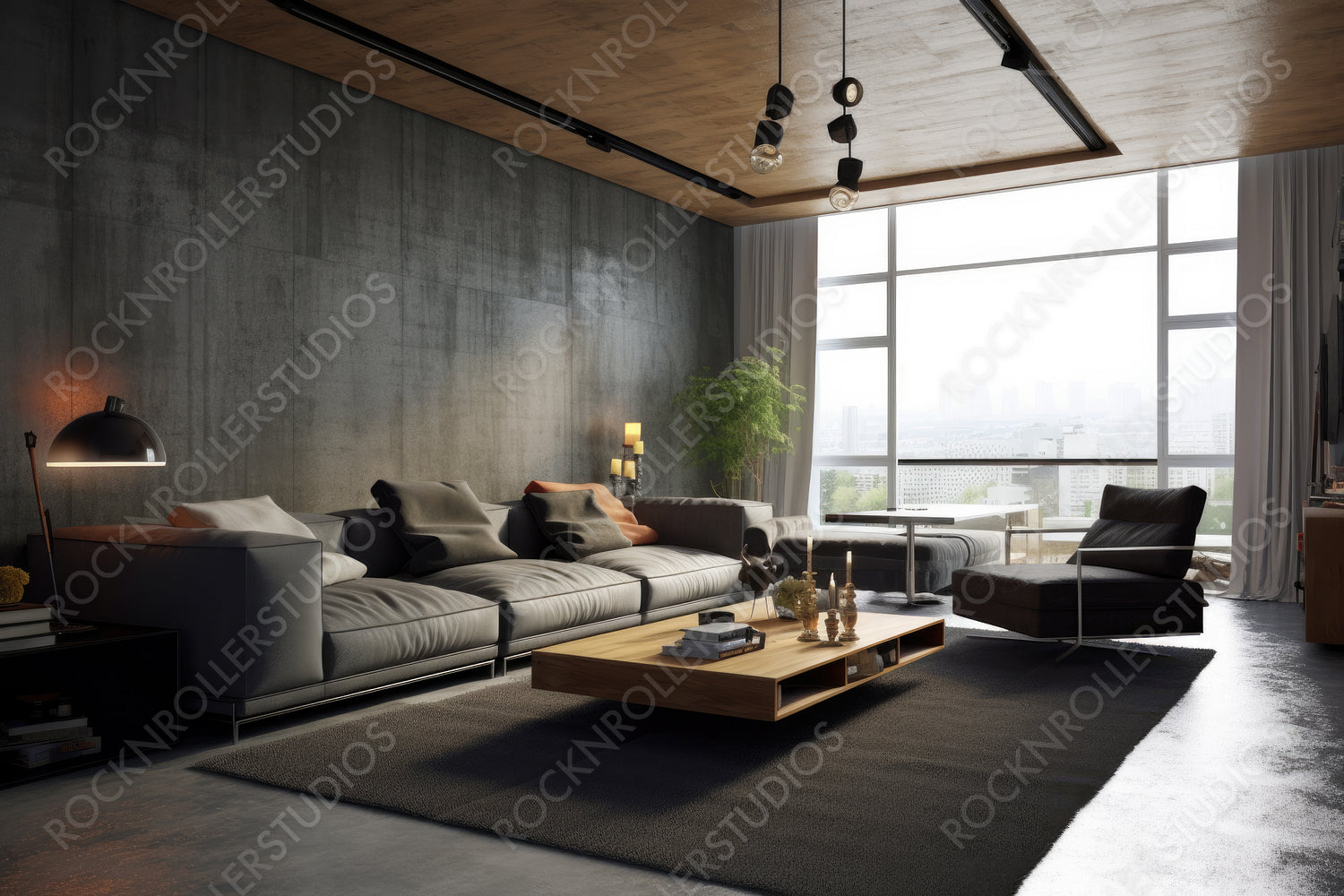 Industrial Living Room. Stylish Interior Design Background. Generative AI.