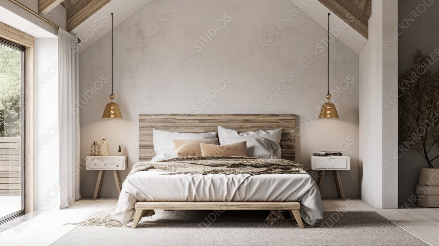 Stylish Interior Design Background. Modern Bedroom. Generative AI.