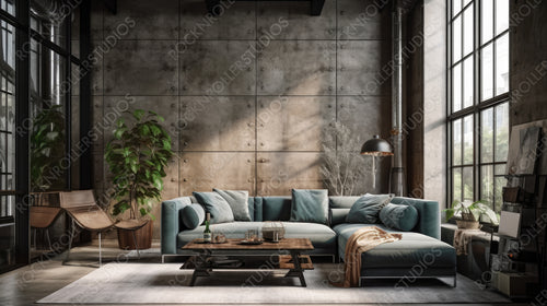 Industrial Interior Design Background. Stylish Living Room. Generative AI.