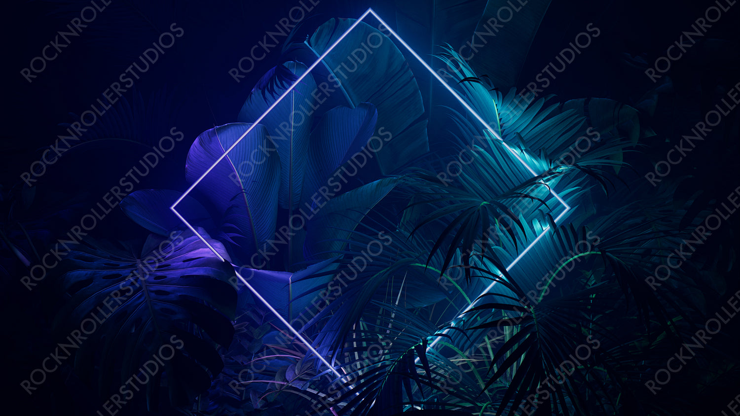 Tropical Plants Illuminated with Green and Purple Fluorescent Light. Jungle Environment with Diamond shaped Neon Frame.