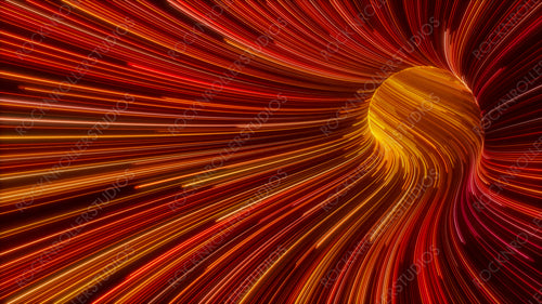 Orange, Yellow and Red Colored Swirls form Wavy Swoosh Tunnel. 3D Render.