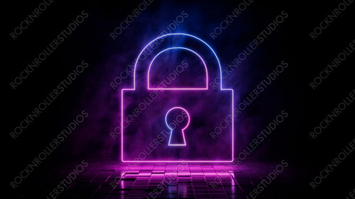 Pink and blue neon light lock icon. Vibrant colored security technology symbol, isolated on a black background. 3D Render