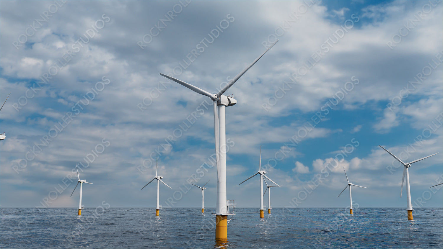 Wind Turbines. Offshore Wind Farm on a Cloudy Afternoon. Clean Power Concept.