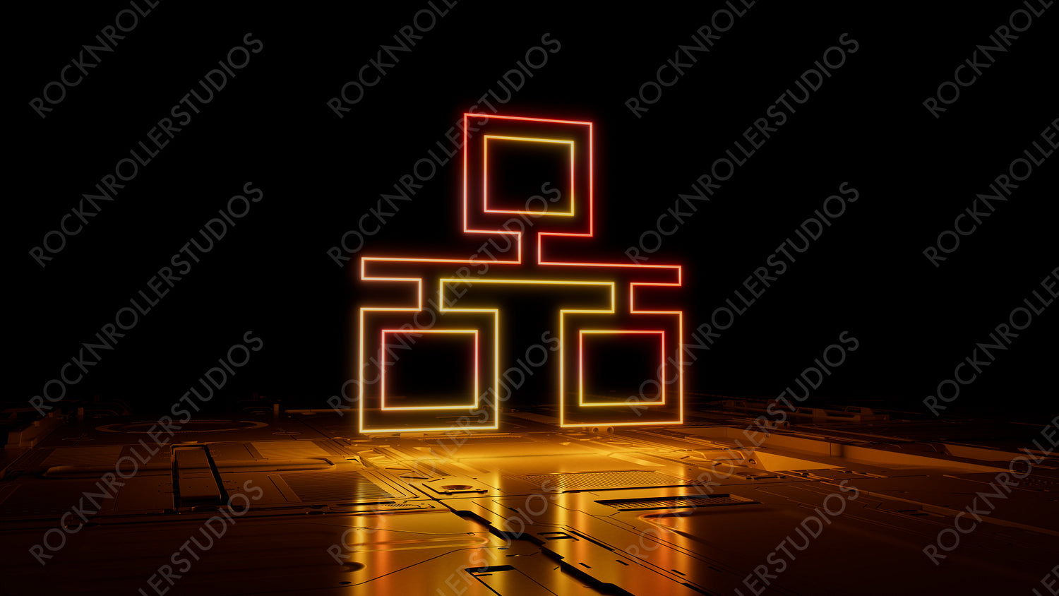Orange and Yellow neon light ethernet icon. Vibrant colored Network technology symbol, on a black background with high tech floor. 3D Render