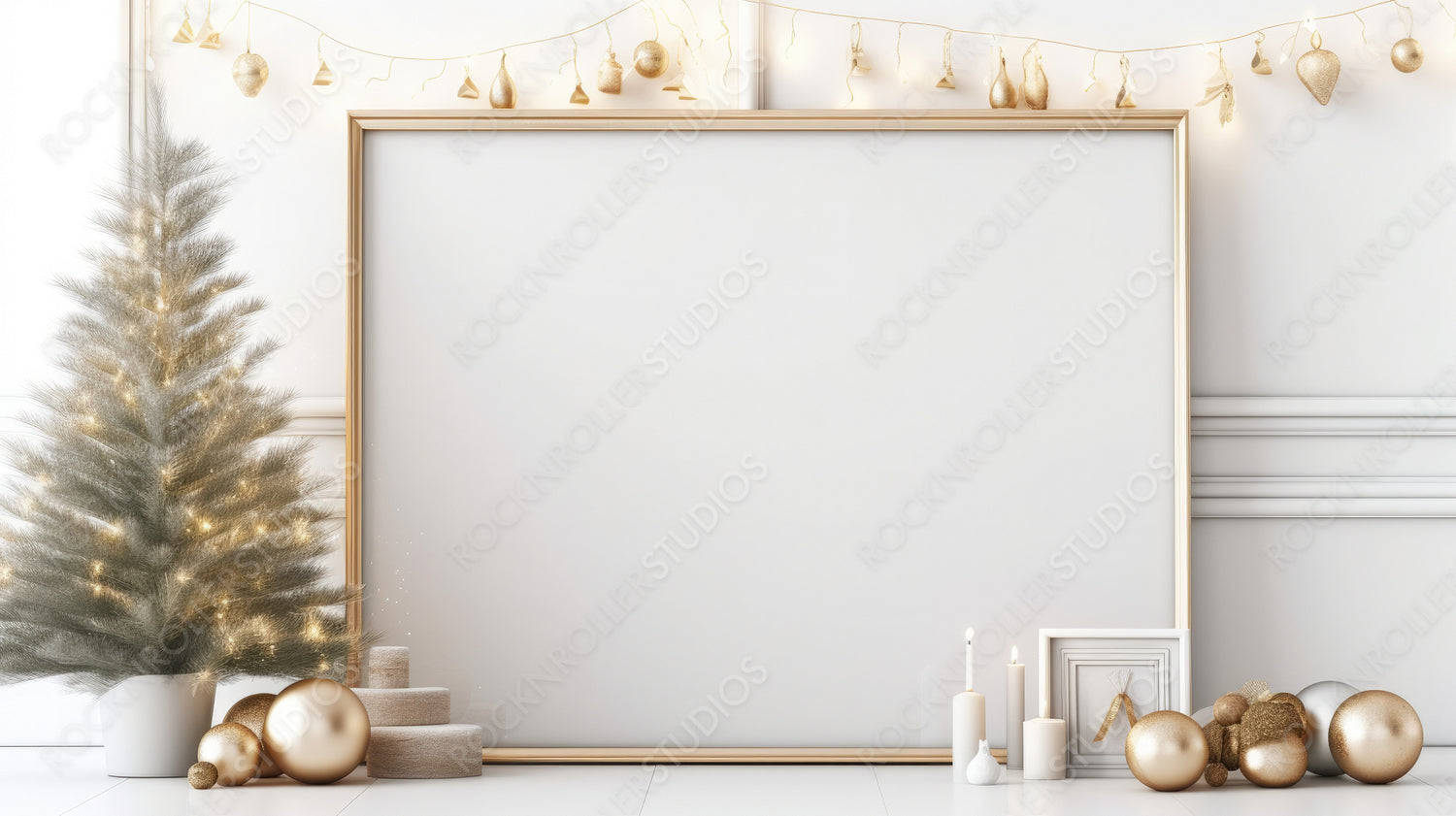 Stylish Frame Mock up. Christmas Interior Design Background. Generative AI.