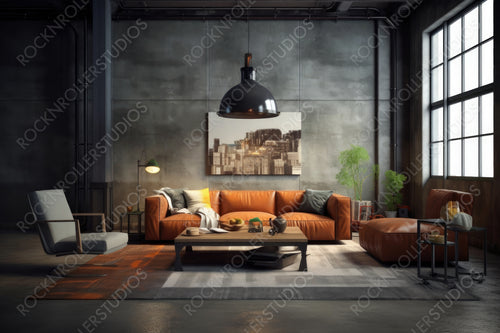 Industrial Living Room. Contemporary Interior Design Background. Generative AI.
