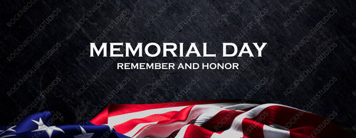 Memorial Day Banner with American Flag and Black Stone Background.