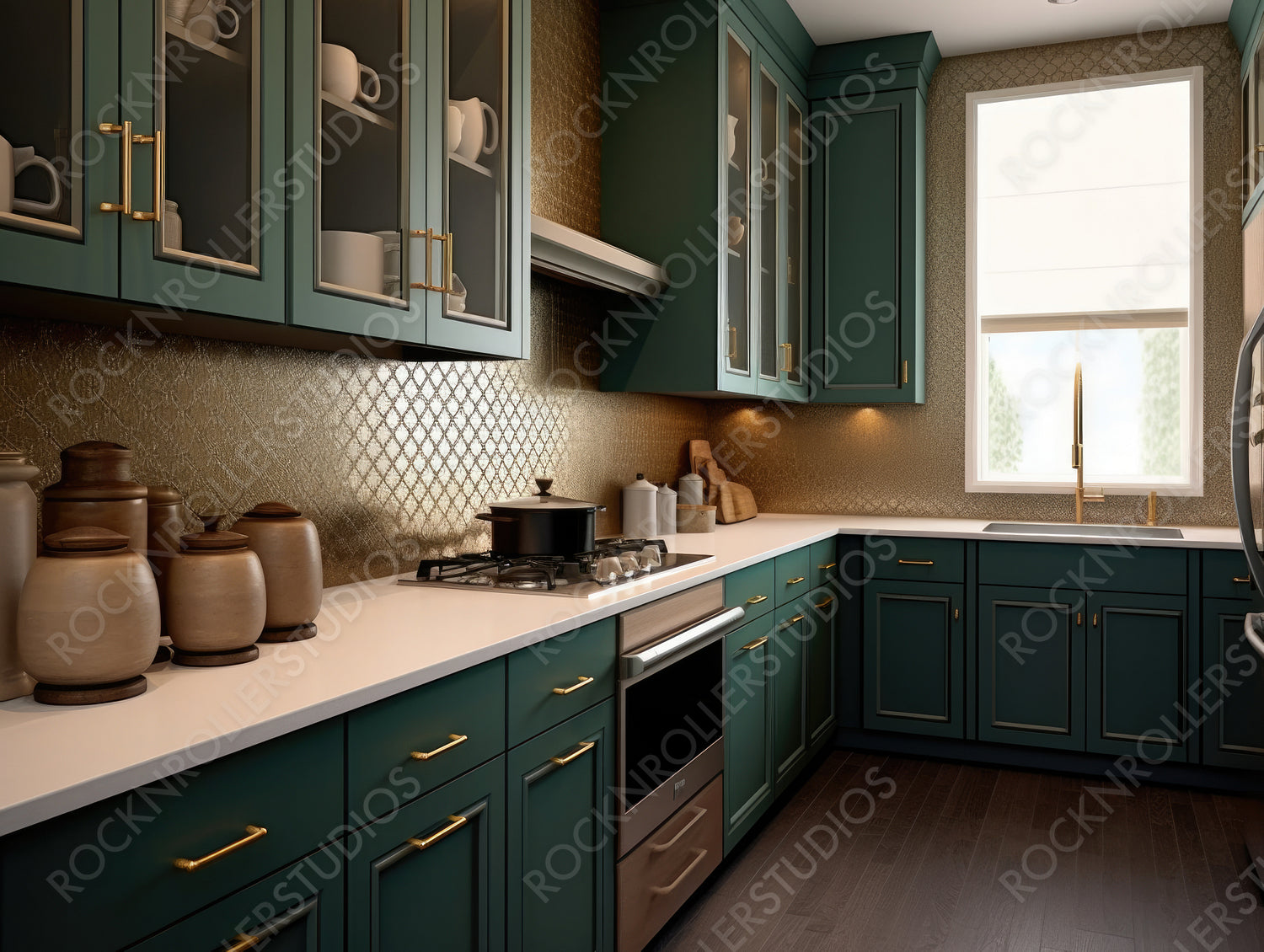 Art Deco Interior Design Background. Contemporary Kitchen. Generative AI.