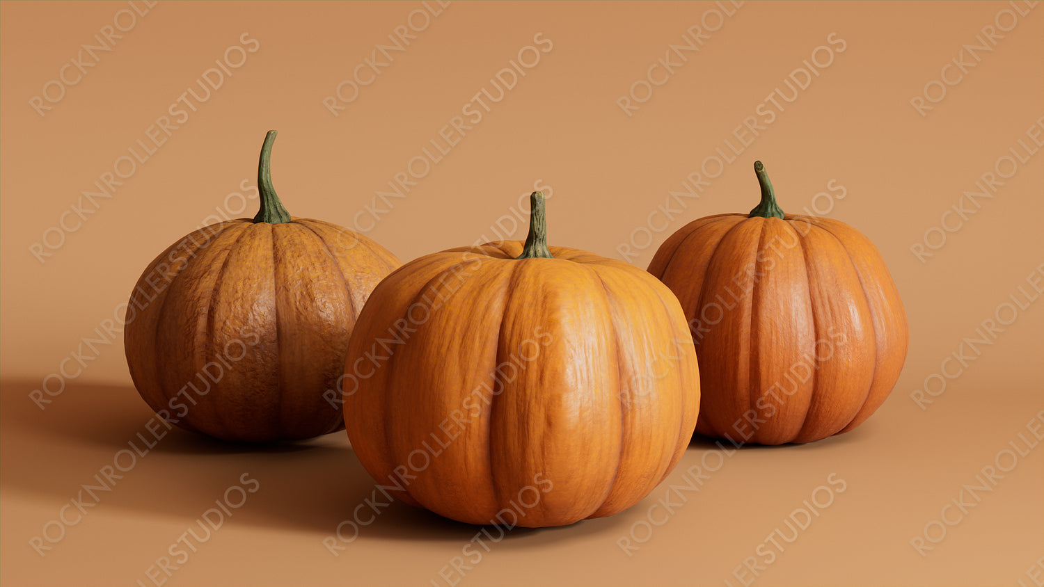 Seasonal background Wallpaper. Trio of Pumpkins on Warm Brown color. Autumn Concept.