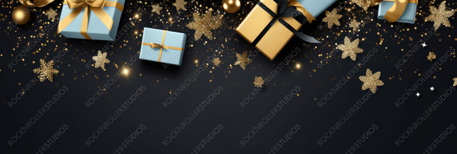 Christmas Banner. Background Xmas Design with Realistic Gifts Box, Snowflake and Glitter Gold Confetti. Black Horizontal Christmas Poster, Greeting Cards, Headers, Website