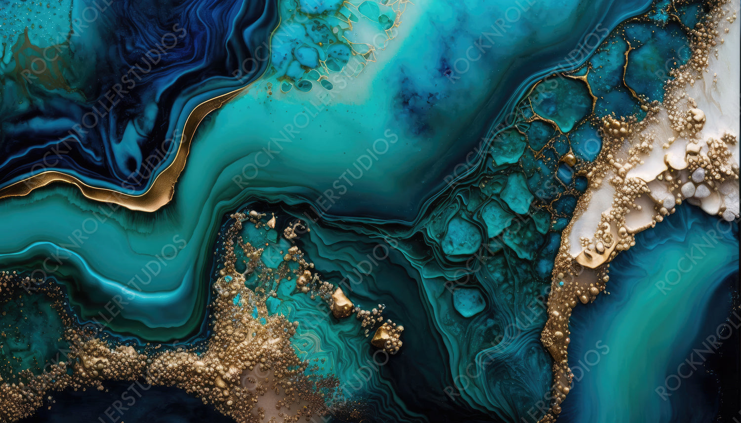 Beautiful Teal and Blue Paint Swirls with Gold Glitter. Abstract Acrylic Pour Background. Generative AI.