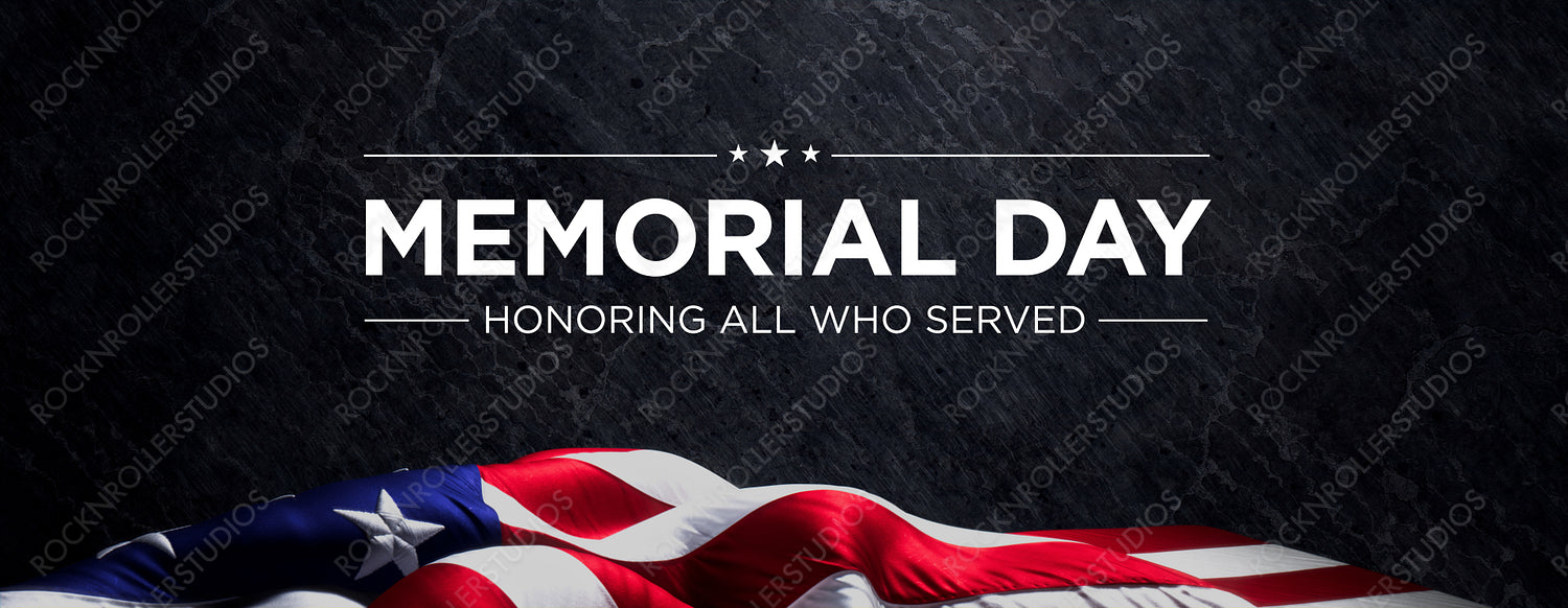 USA Flag Banner with Memorial Day Caption on Black Stone. Premium Holiday Background.