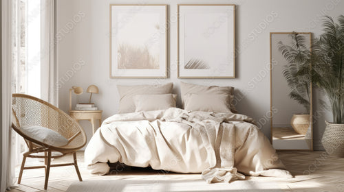 Scandinavian Bedroom Background. Stylish Interior Design. Generative AI.