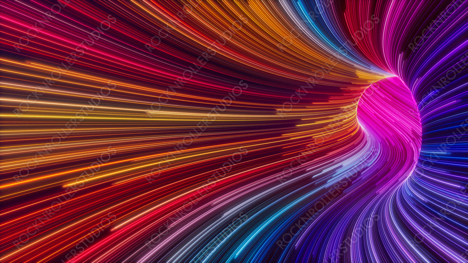 Wavy Neon Tunnel with Orange, Pink and Turquoise Streaks. 3D Render.