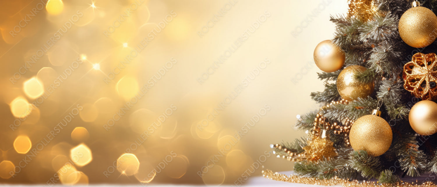 Christmas tree decorated with Golden balls on a blurred, gold sparkling and fabulous fairy background with beautiful bokeh, copy space.