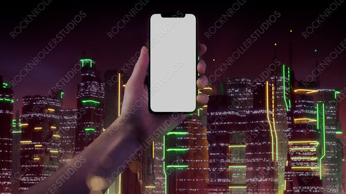 Phone with Blank Screen. Cyberpunk Style Template with Orange and Green neon City Skyline Backdrop.