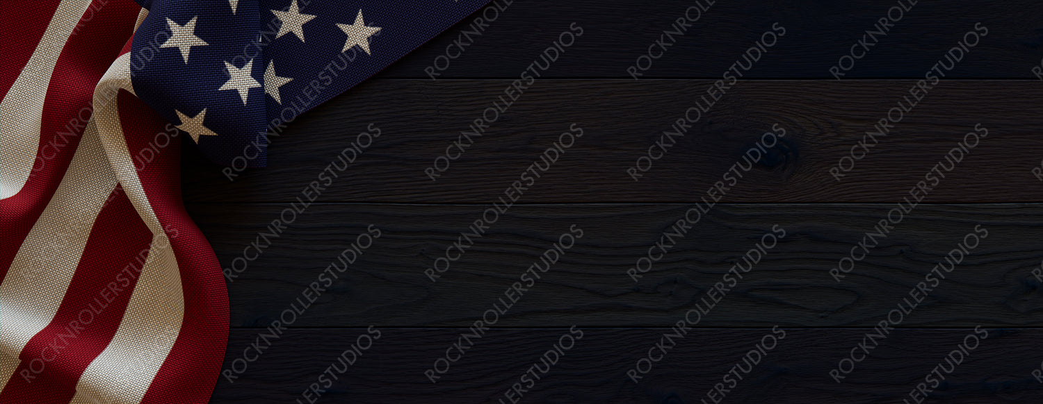 Presidents Day Background with American Flag on Dark Wood. United States Holiday wallpaper with copy space.