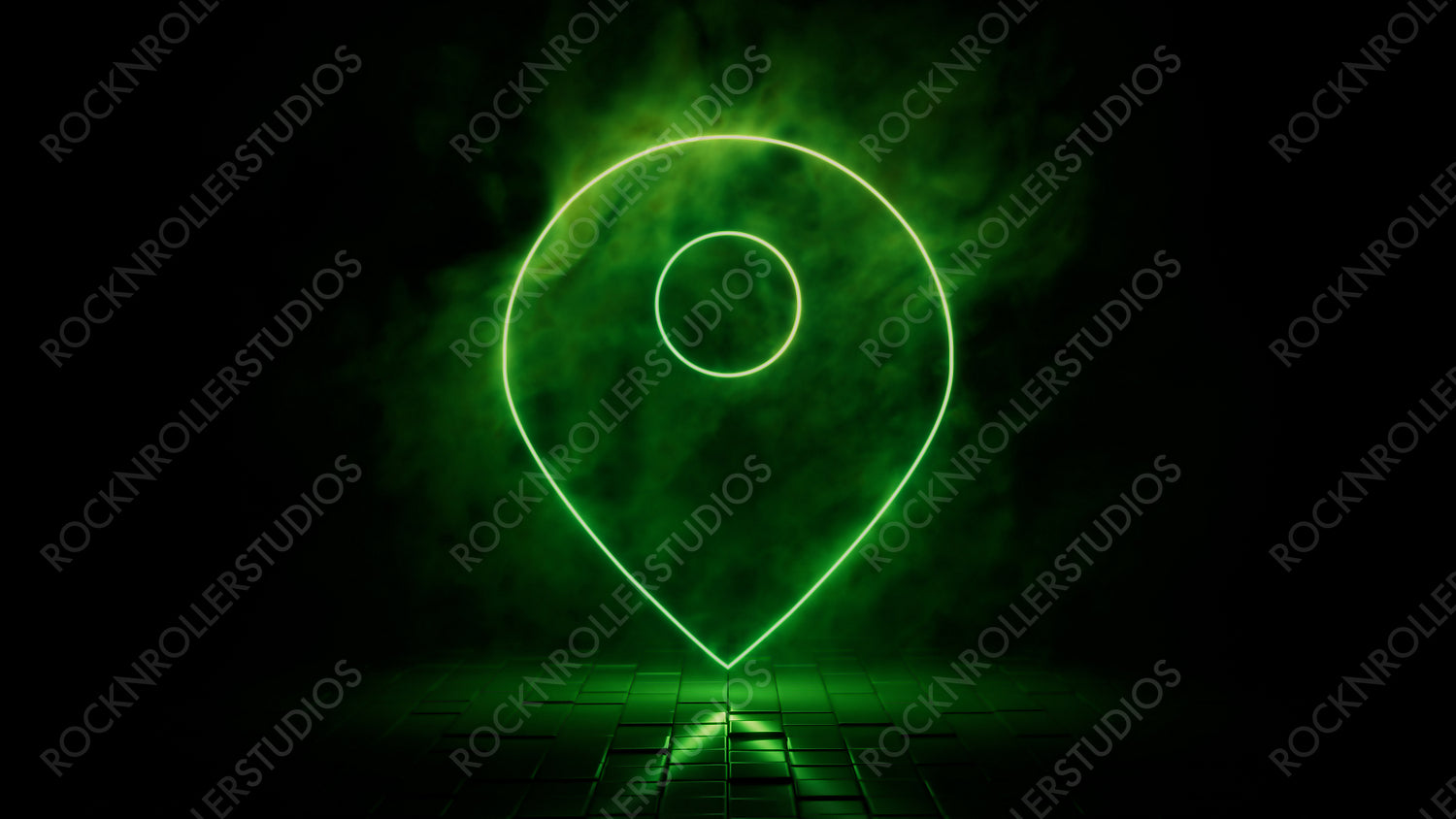 Green neon light map pin icon. Vibrant colored technology symbol, isolated on a black background. 3D Render