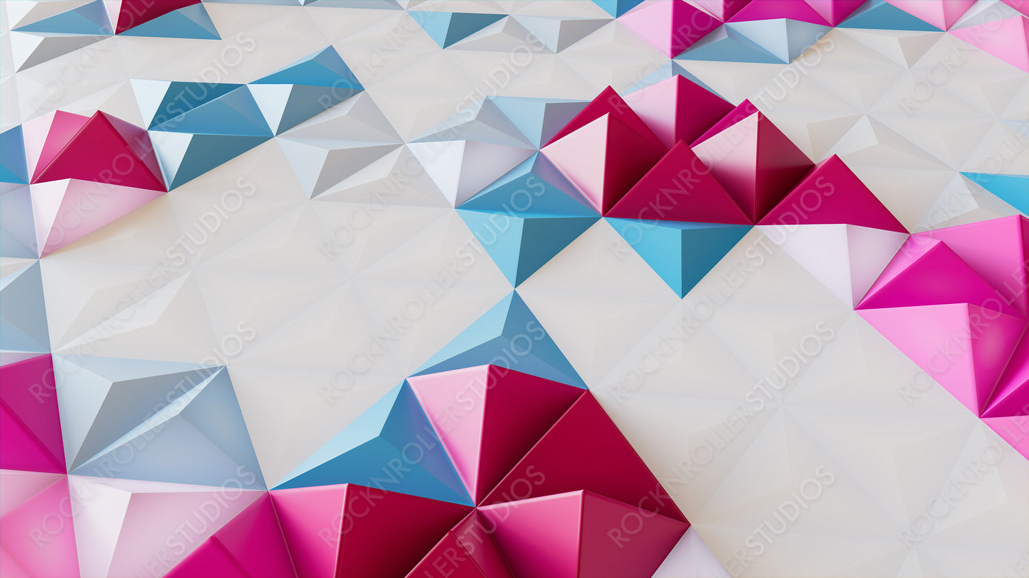 White, Blue and Pink Abstract Surface with Tetrahedrons. Modern, Bright 3d Background.