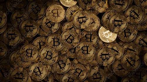 Bitcoin Cryptocurrency represented as Gold Coins. Decentralized Asset Background. 3D Render.