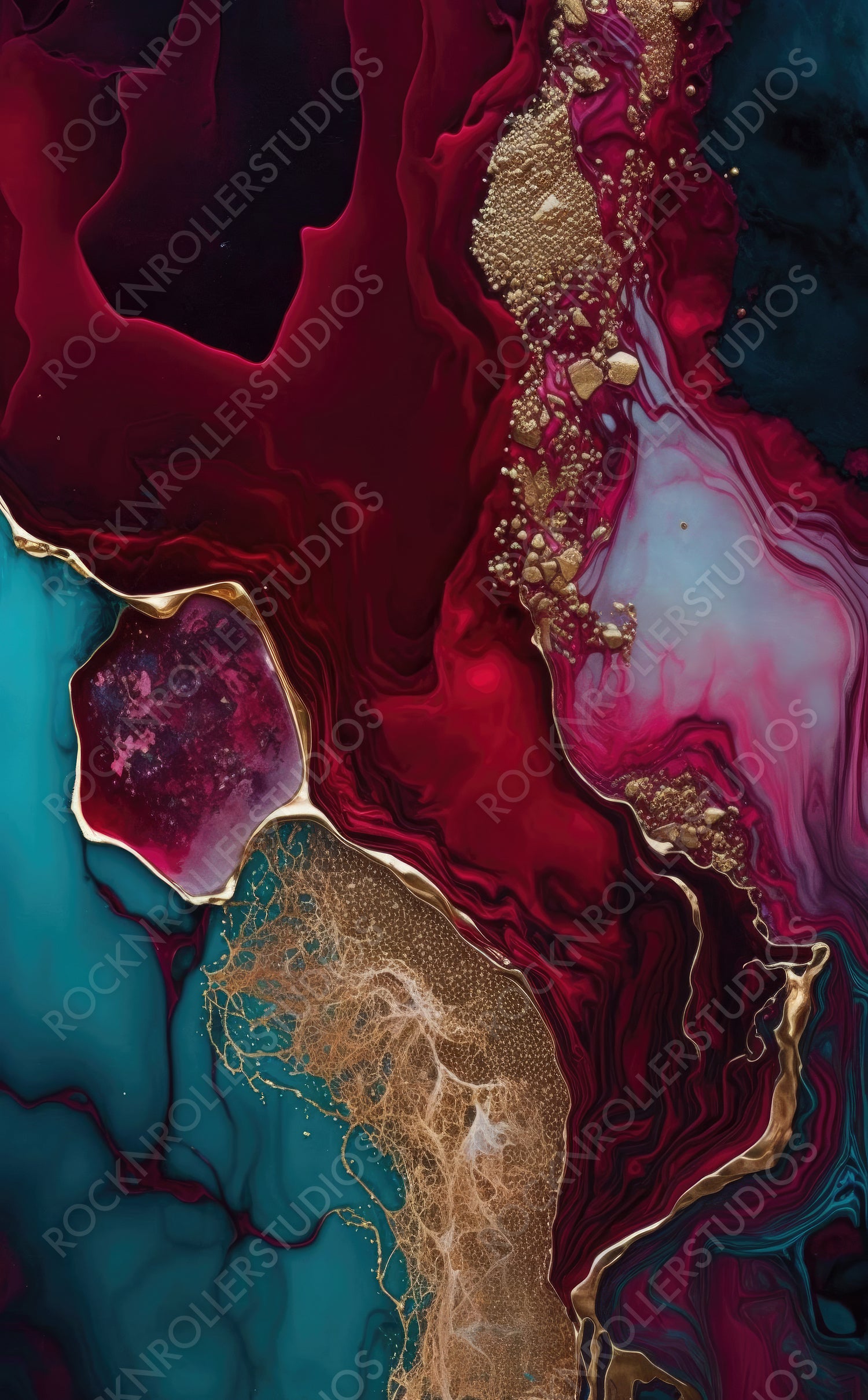 Flowing Contemporary Marbling Wallpaper in Beautiful Crimson colors. Paint texture with Gold Glitter. Generative AI.