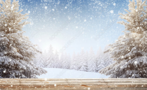 Winter christmas scenic background with copy space and snowfall. Wooden flooring was strewn with snow in forest and the branches of fir-trees covered with snow on nature.