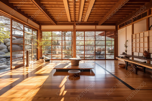 Japanese Zen House. Stylish Interior Design Background. Generative AI.