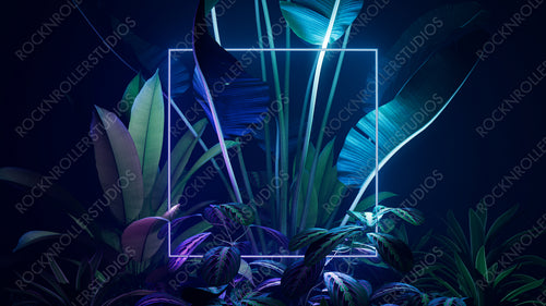 Trendy Background Design. Tropical Plants with Green and Purple, Square shaped Neon Frame.