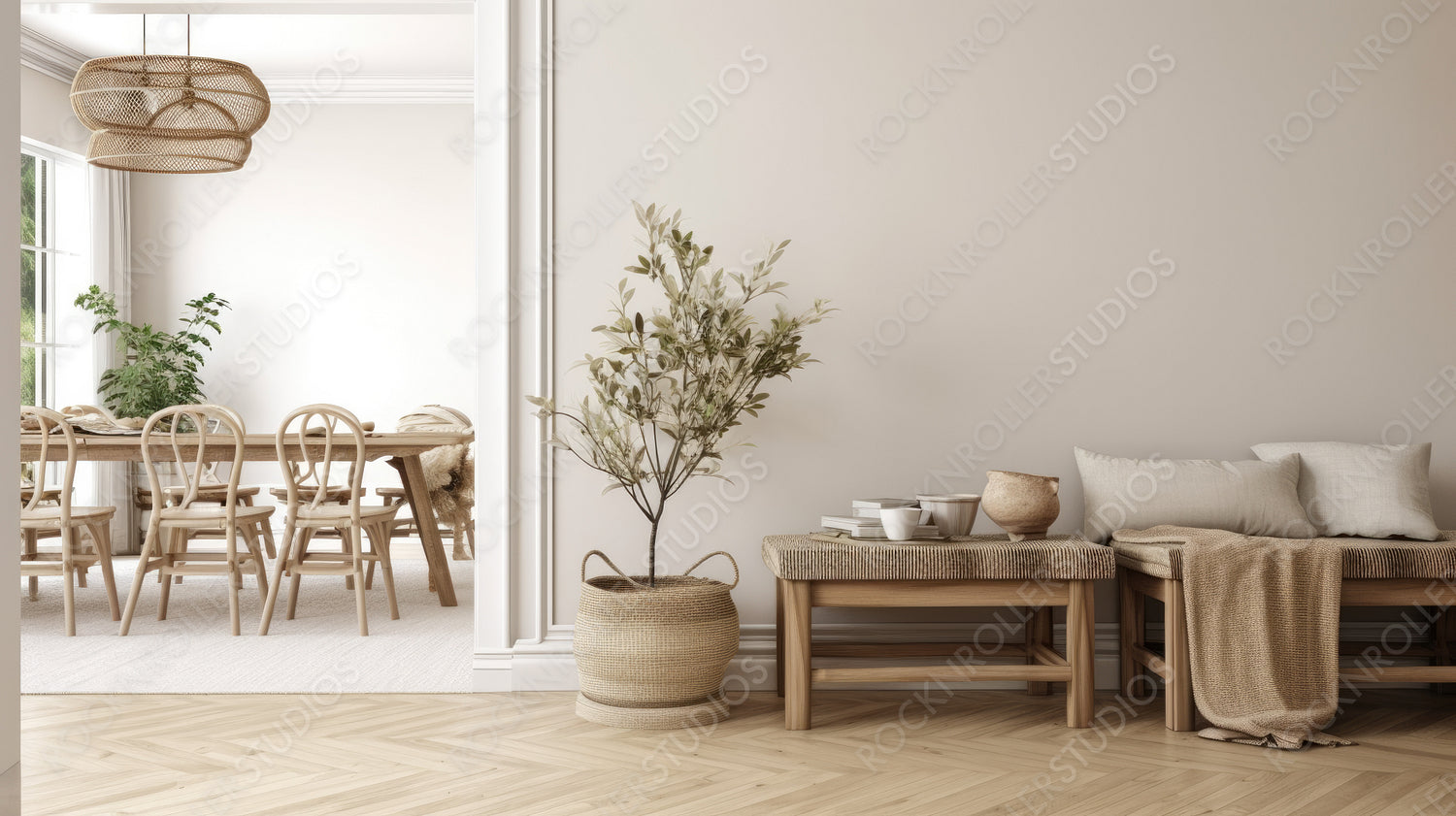 Stylish Living Room. Farmhouse Interior Design Background. Generative AI.