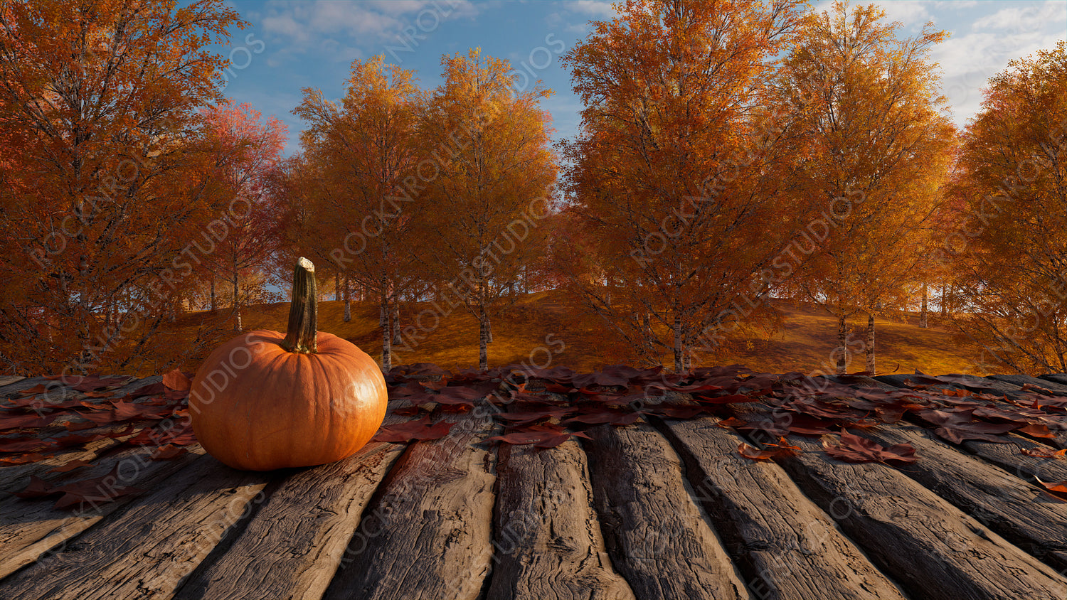 Thanksgiving Wallpaper with Pumpkin and Autumn Leaves. Seasonal Natural Setting with copy-space.