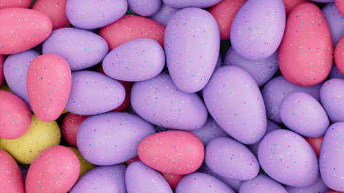Multicolored Easter Egg background. Beautiful Easter Wallpaper with, speckled Yellow, Pink and Purple Eggs. 3D Render