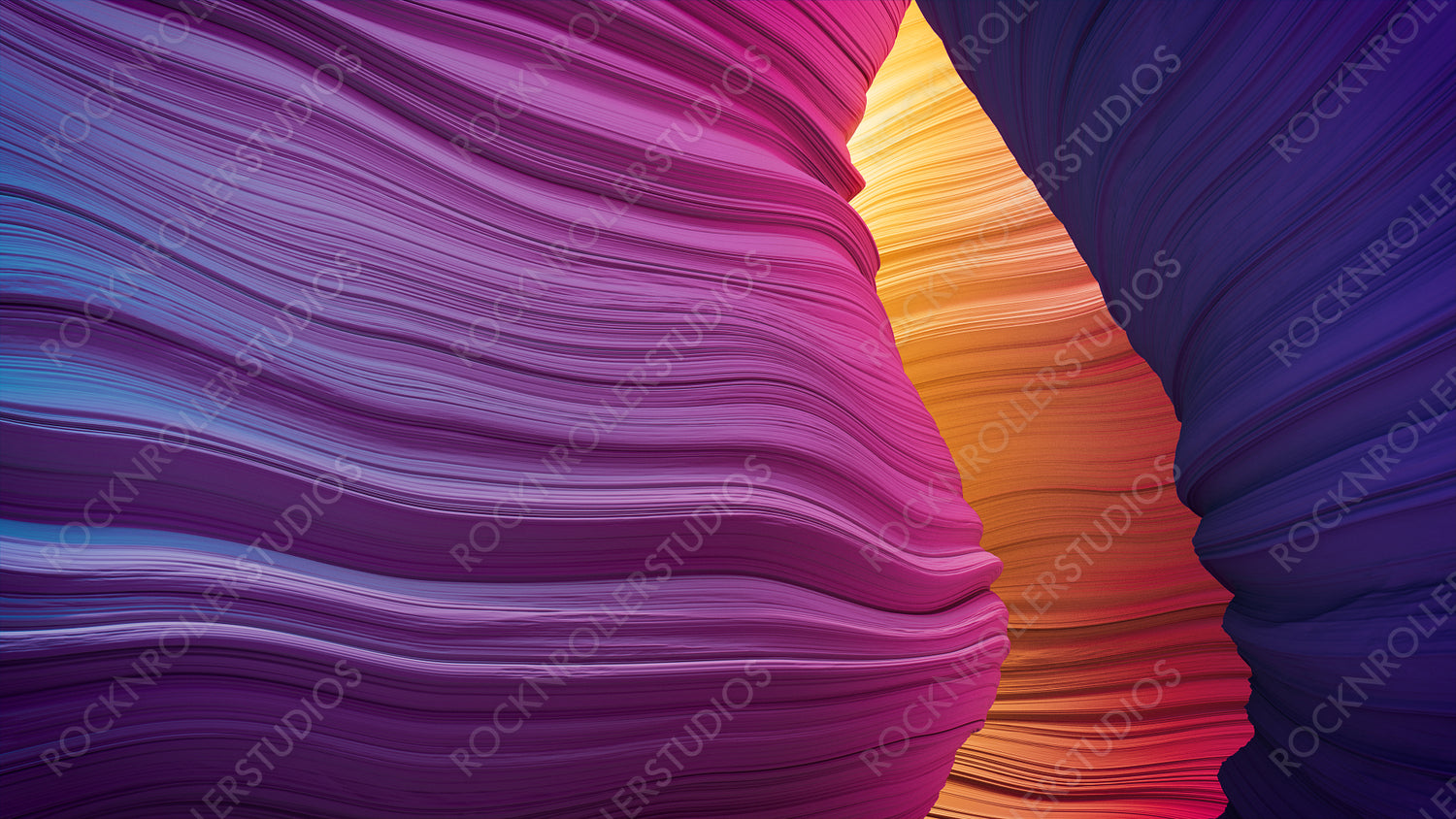 3D Rendered Cave with Pink and Yellow Wavy Surfaces.