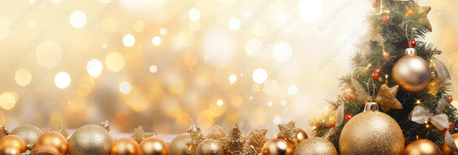 Christmas tree decorated with Golden balls on a blurred, sparkling and fabulous fairy gold background with beautiful bokeh, copy space, banner format.