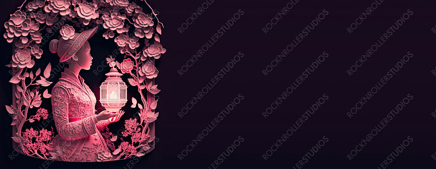 Paper Craft Design to Celebrate International Woman's Day. Premium Pink Floral Banner with Woman, Lanterns and copy-space. Generative AI.