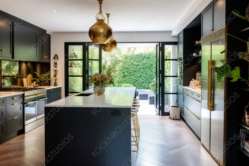 Stylish Interior Design Background. Modern Kitchen. Generative AI.