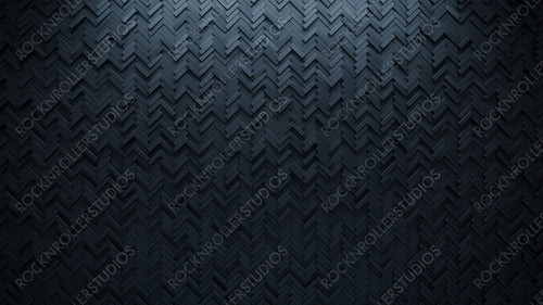 Semigloss Tiles arranged to create a Black wall. Futuristic, 3D Background formed from Herringbone blocks. 3D Render