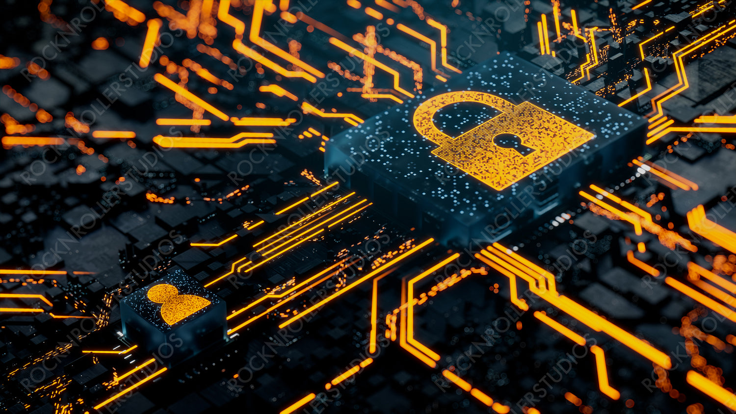 Security Technology Concept with lock symbol on a Microchip. Orange Neon Data flows between the CPU and the User across a Futuristic Motherboard. 3D render.