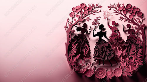 Pink Floral Wallpaper to Celebrate International Woman's Day. Beautiful Paper Craft Design with Dancing Women, Flowers and copy-space. Generative AI