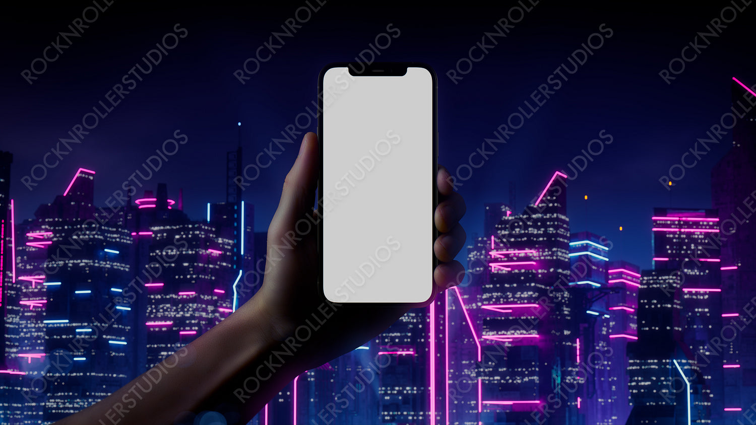 Futuristic Smartphone Template, with Blue and Pink neon City Skyline Backdrop.