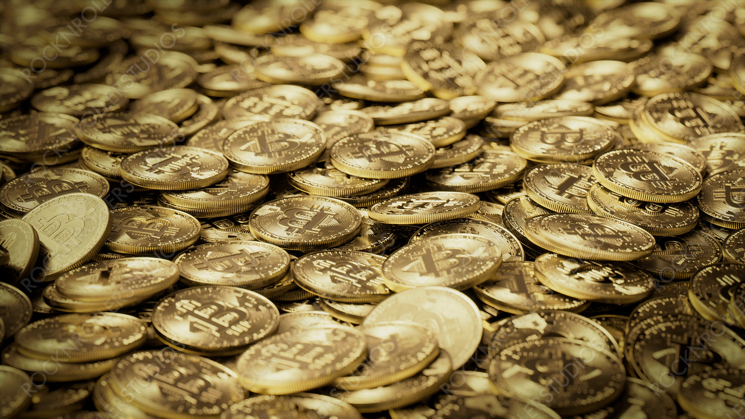 Bitcoin Cryptocurrency represented as Gold Coins. Blockchain Investing Background. 3D Render.