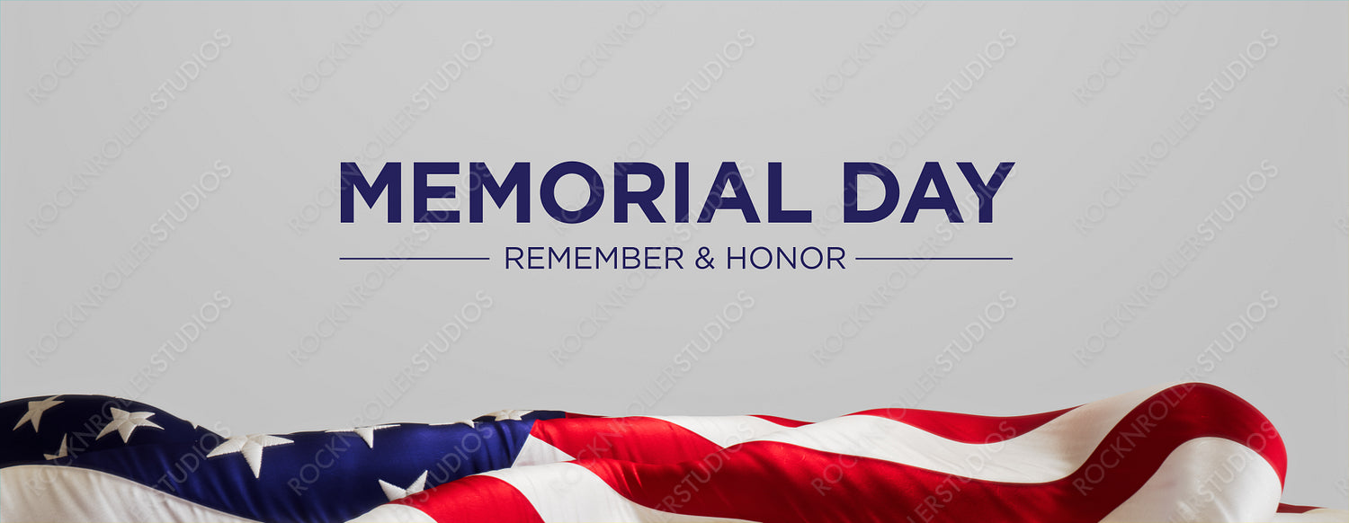 Authentic Banner for Memorial Day with US Flag and White Background.