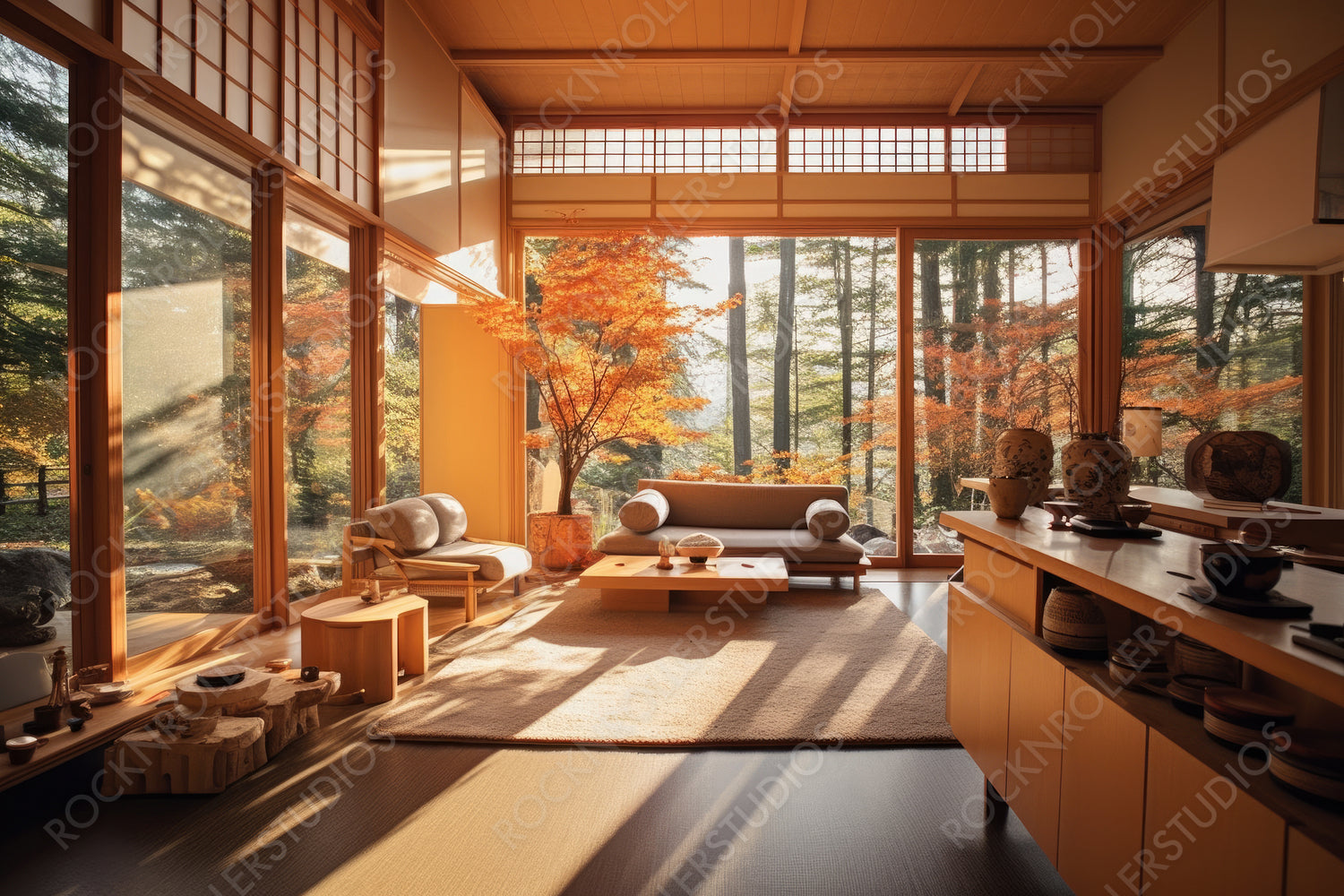 Japanese Interior Design Background. Stylish Zen House. Generative AI.
